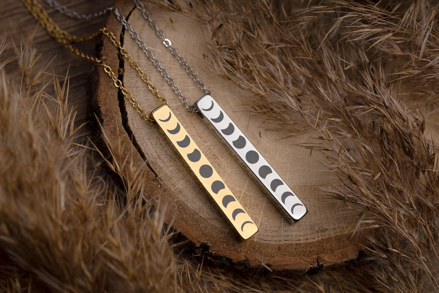 Phases of the Moon Cycle Necklace with 3D Charm for Jewelry Layering, Vertical Bar Celestial Pendant, Silver Rose Gold Black Jewellery, KP.2