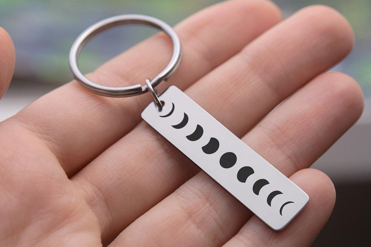 Custom Celestial Keychain with Phases of the Moon, Full Moon Cycle Keyring, Anniversary or Birthday Gift for Girlfriend or Boyfriend, C.2
