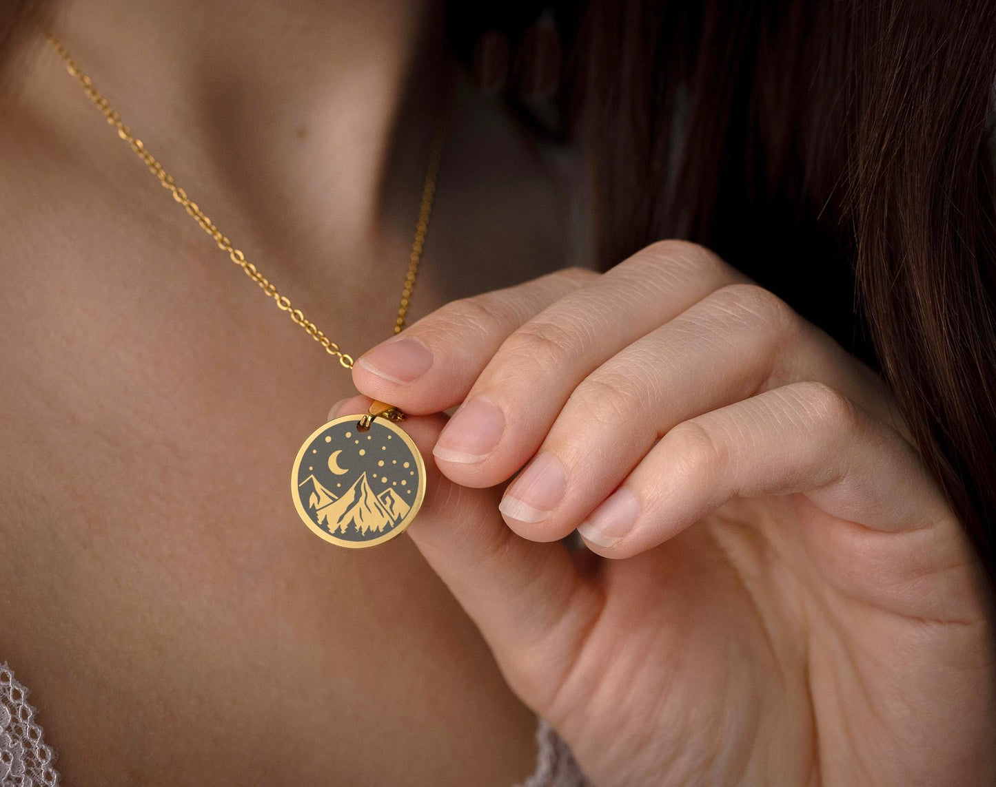 Mountains, Moon & Stars Necklace, Birthday Gift for Daughter from Mom or Dad, Ready to Gift Inspiring Motivating Jewelry, Find Your Peace