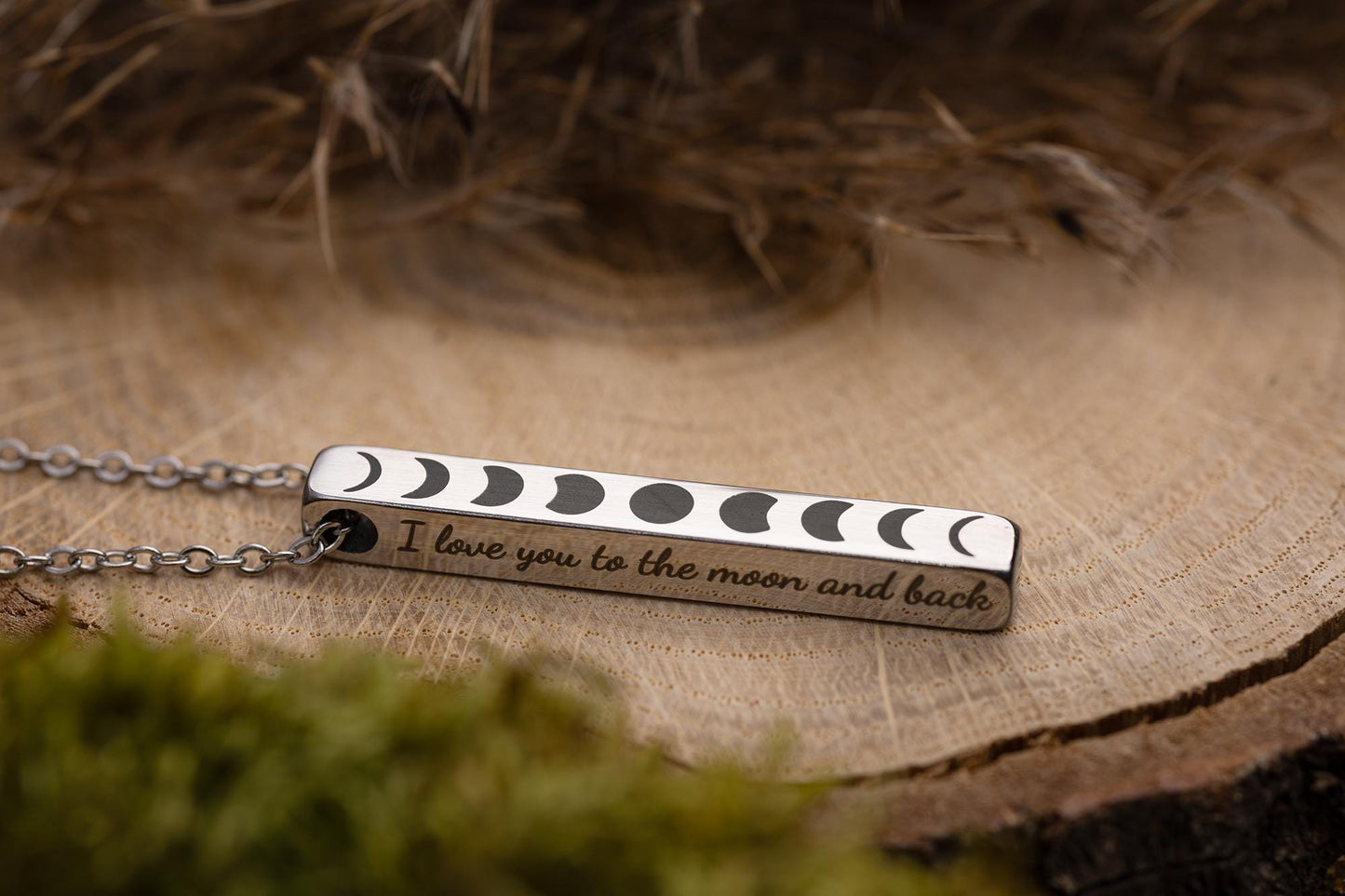 All Phases of the Moon Cycle Necklace with Custom Engraving on Vertical Bar 3D Charm for Celestial Jewelry Layering, Silver Gold Black, KP.2