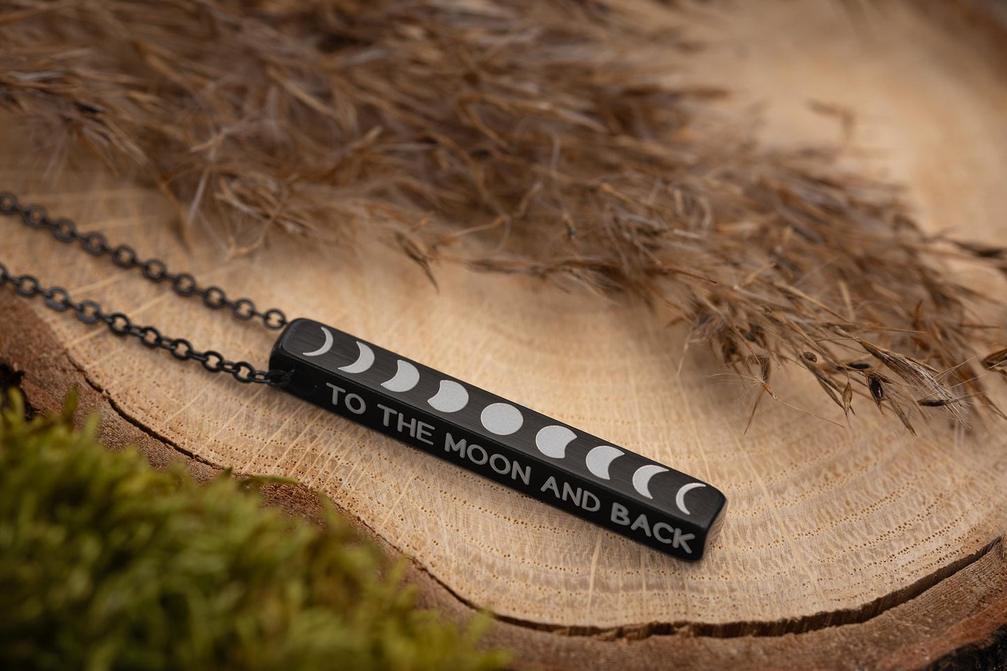 All Phases of the Moon Cycle Necklace with Custom Engraving on Vertical Bar 3D Charm for Celestial Jewelry Layering, Silver Gold Black, KP.2