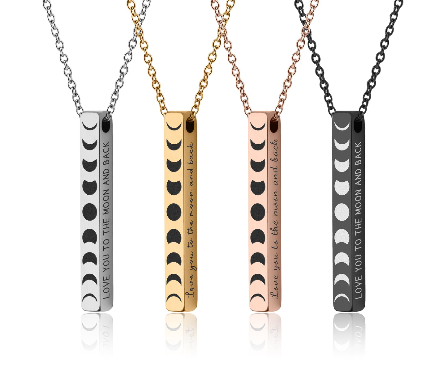 All Phases of the Moon Cycle Necklace with Custom Engraving on Vertical Bar 3D Charm for Celestial Jewelry Layering, Silver Gold Black, KP.2