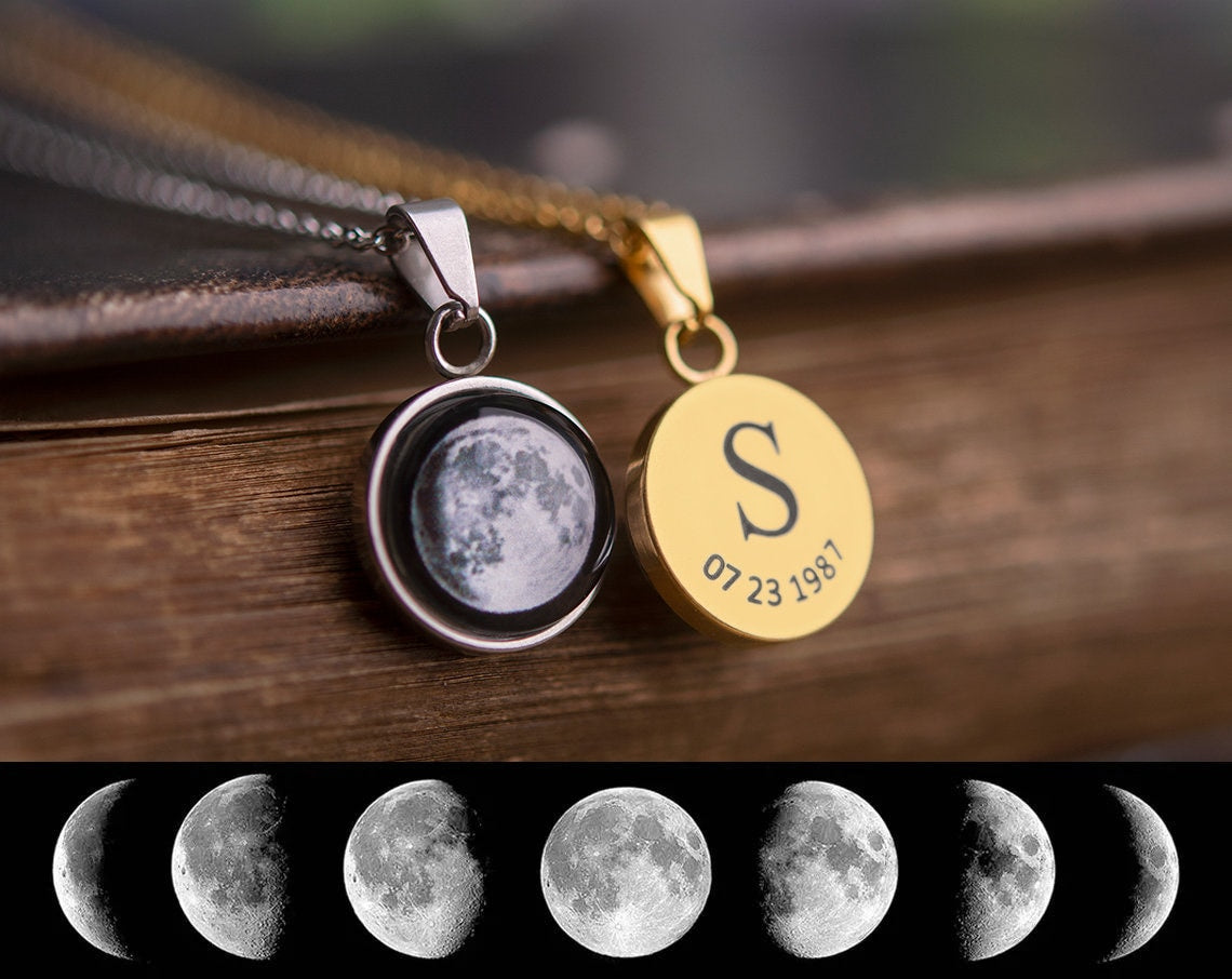 Custom Moon Phase by Date Necklace, Jewelry Gift for Daughter, Girlfriend Anniversary Gift, Personalized Birthday Gift for Her, KP.13