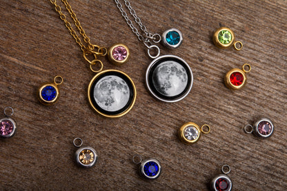 Custom Moon Phase and Birthstone Necklace, Custom Birth Moon Phase by Date, Engraved Jewelry, Personalized Birthday Gift for Women, KP.8