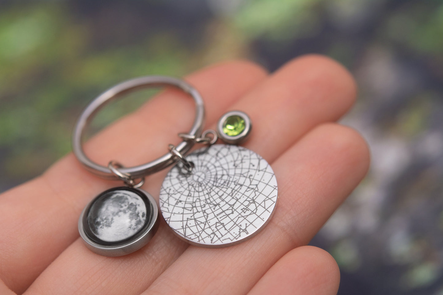 Star Map + Moon Phase + Birthstone Keychain, Star Map by Date, Custom Moon Phase Keyring, Engraved Personalized Birthday Gift for Women RP.1