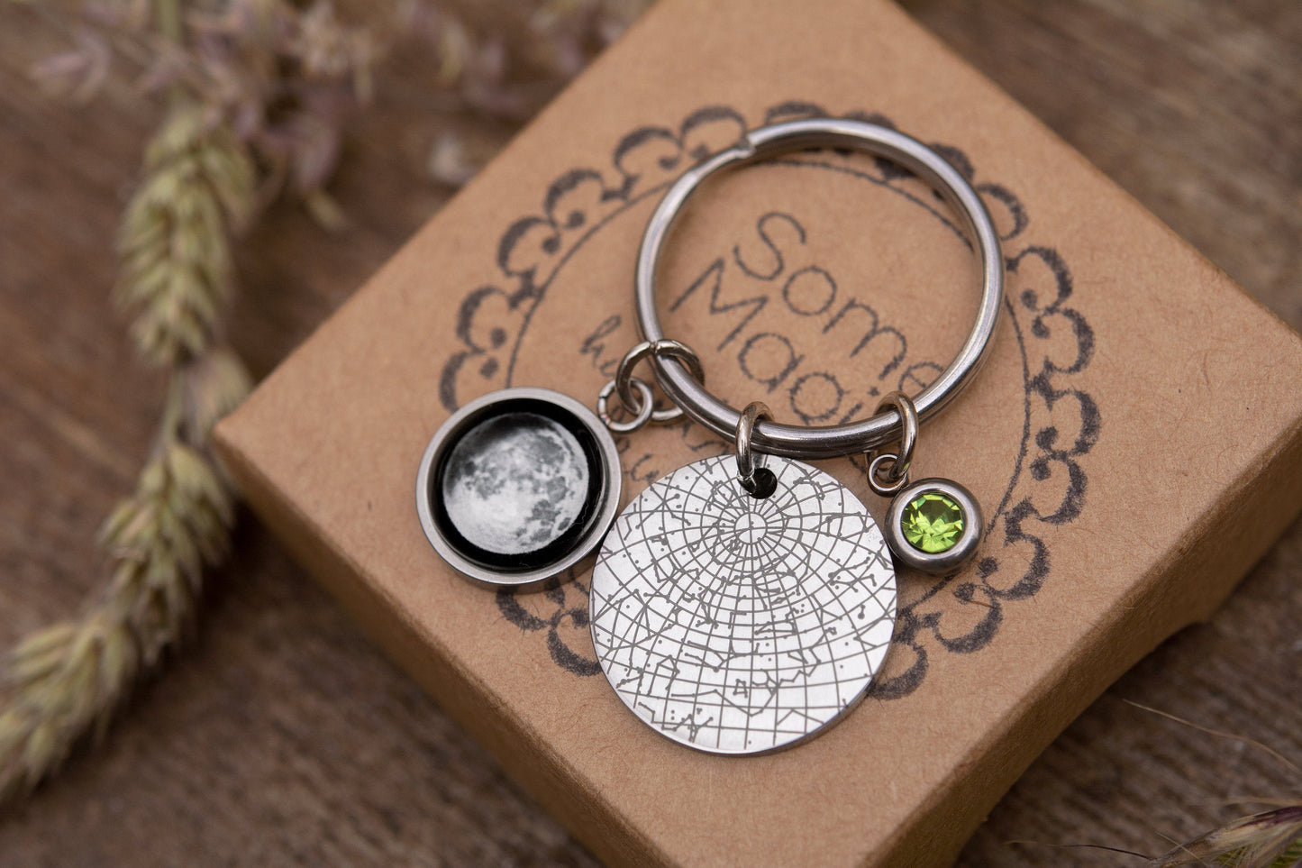 Star Map + Moon Phase + Birthstone Keychain, Star Map by Date, Custom Moon Phase Keyring, Engraved Personalized Birthday Gift for Women RP.1