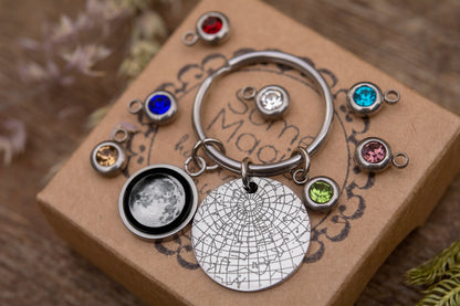 Star Map + Moon Phase + Birthstone Keychain, Star Map by Date, Custom Moon Phase Keyring, Engraved Personalized Birthday Gift for Women RP.1
