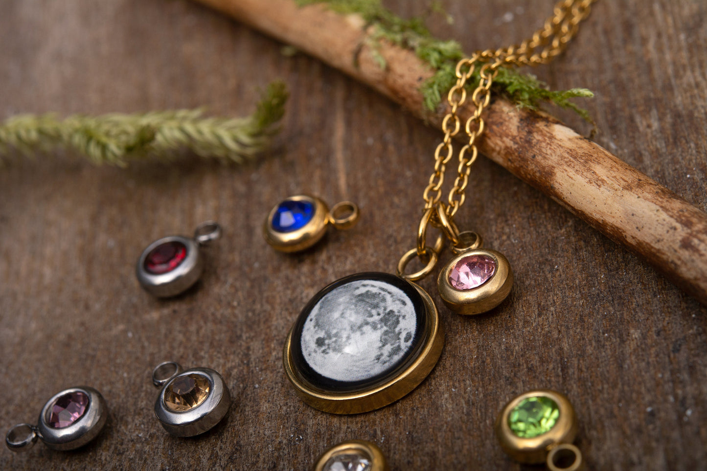 Custom Moon Phase and Birthstone Necklace, Custom Birth Moon Phase by Date, Engraved Jewelry, Personalized Birthday Gift for Women, KP.8