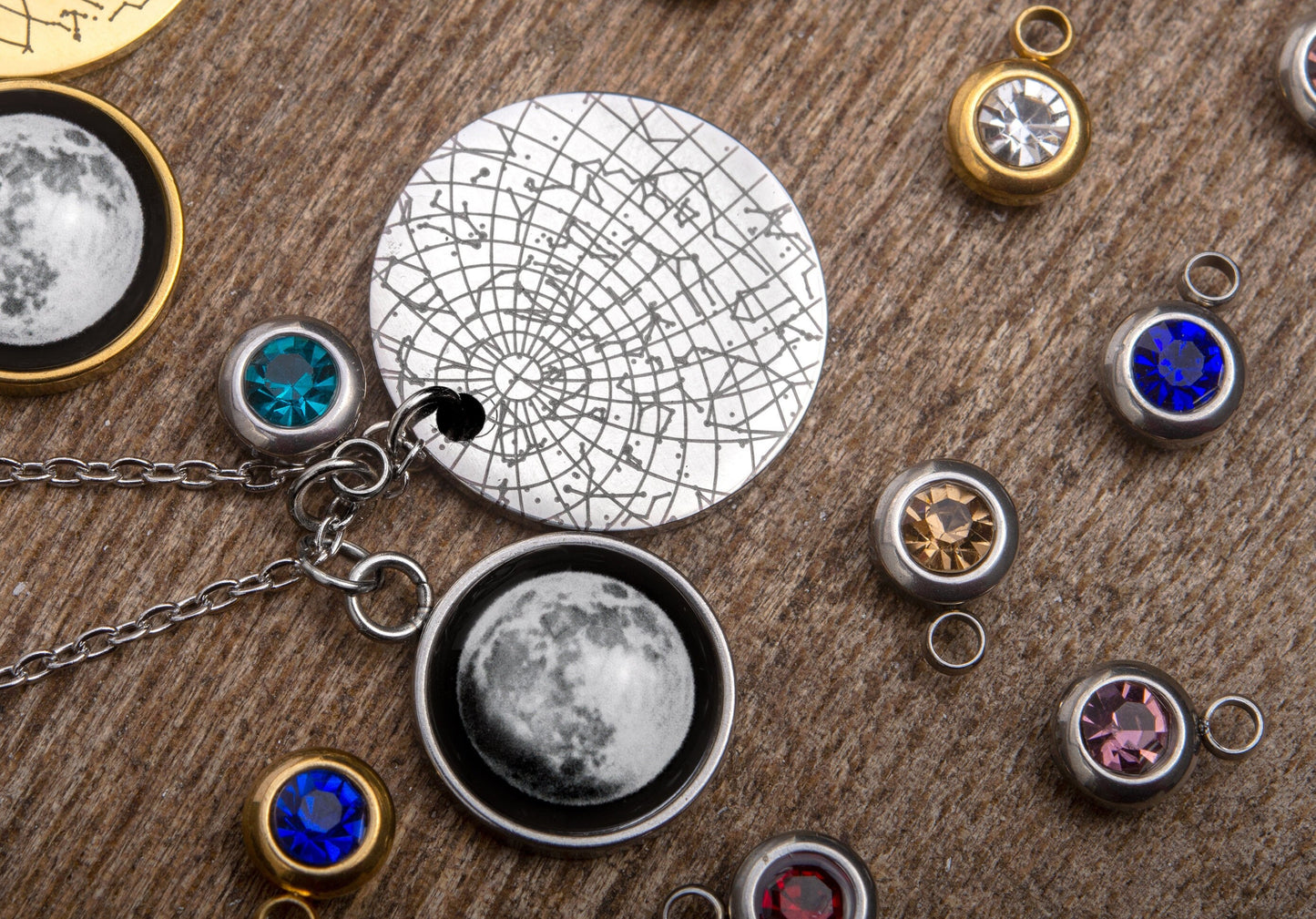 Moon Phase and Star Map Necklace with Birthstone, Custom Birth Moon Phase, Engraved Personalized Birthday Jewelry Gift for Her, KP.7