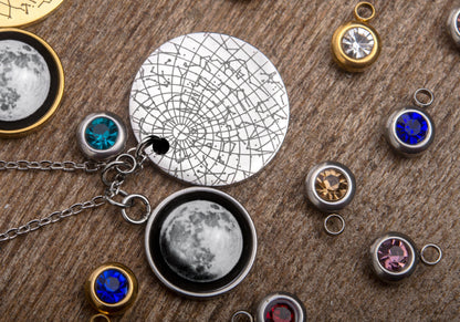 Moon Phase and Star Map Necklace with Birthstone, Custom Birth Moon Phase, Engraved Personalized Birthday Jewelry Gift for Her, KP.7