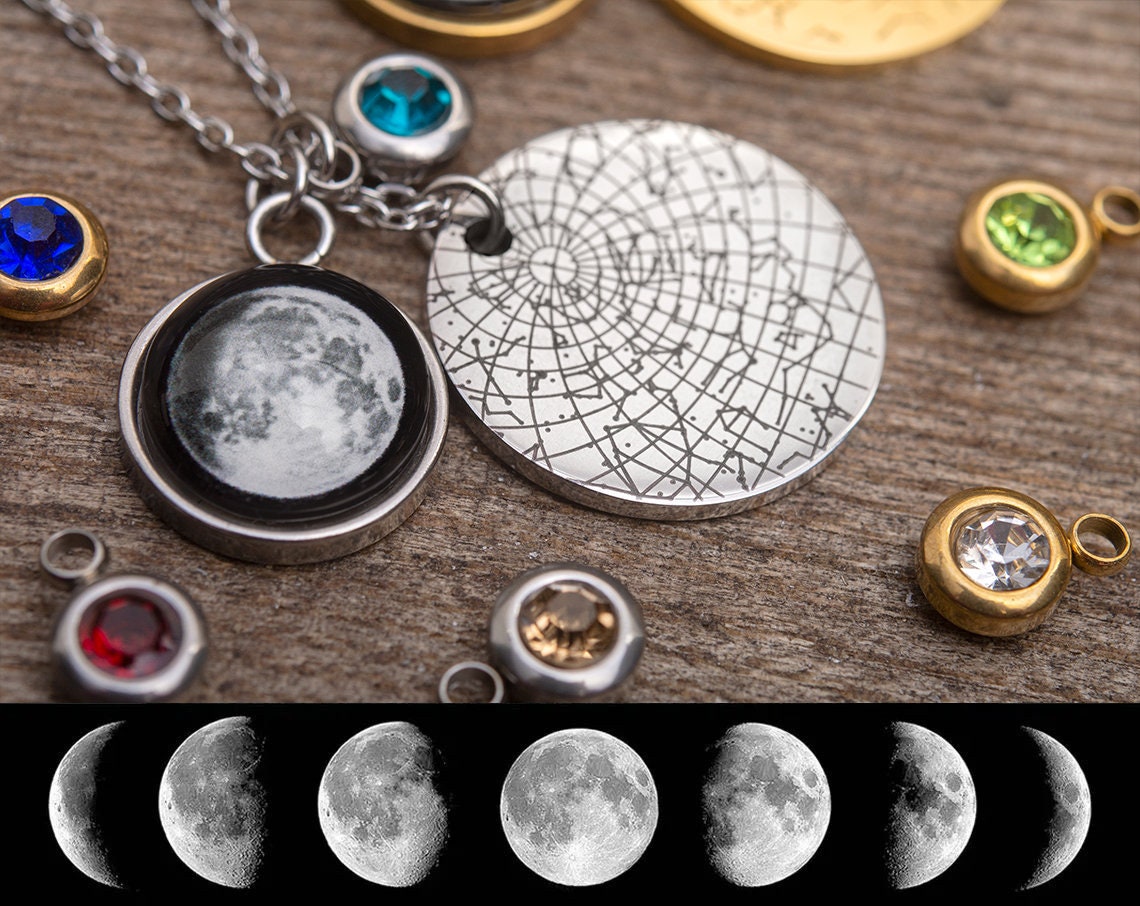Star Map and Moon Phase Necklace with a Birthstone, Custom Night Sky by Date and Place,  Personalized Jewelry Birthday Anniversary Gift KP.7