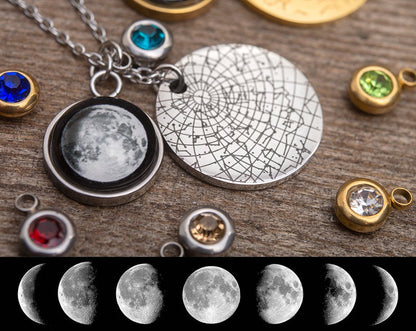 Star Map and Moon Phase Necklace with a Birthstone, Custom Night Sky by Date and Place,  Personalized Jewelry Birthday Anniversary Gift KP.7