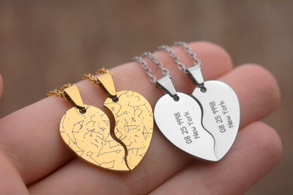 Set of 2 Split Heart Necklaces - Personalized Broken Heart Couple Jewelry - Custom Engraved Gift for Couples, Best Friends, Sisters, KP.4 x2