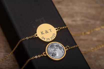 Double Sided Moon Bracelet, Custom Moon Phase Bracelet, Engraved Star Map By Date, Personalized Birthday Gift For Women, Anniversary, AP.1