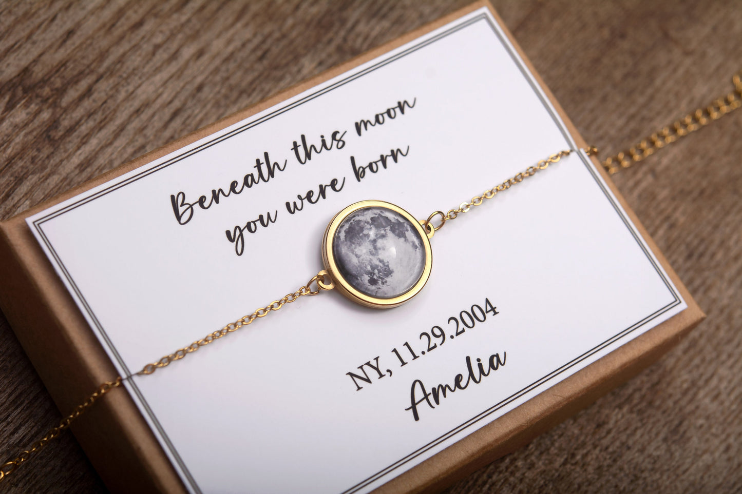 Custom Moon Phase Bracelet with Date and Initial Engraved on Back Side, Personalized Birthday or Anniversary Jewelry Gift for Women, AP.1