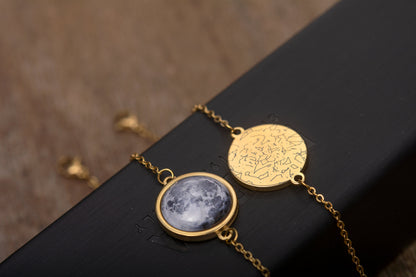 Double Sided Moon Bracelet, Custom Moon Phase Bracelet, Engraved Star Map By Date, Personalized Birthday Gift For Women, Anniversary, AP.1