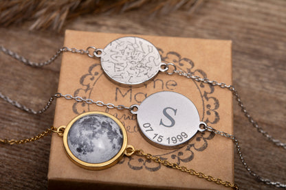 Double Sided Moon Bracelet, Custom Moon Phase Bracelet, Engraved Star Map By Date, Personalized Birthday Gift For Women, Anniversary, AP.1