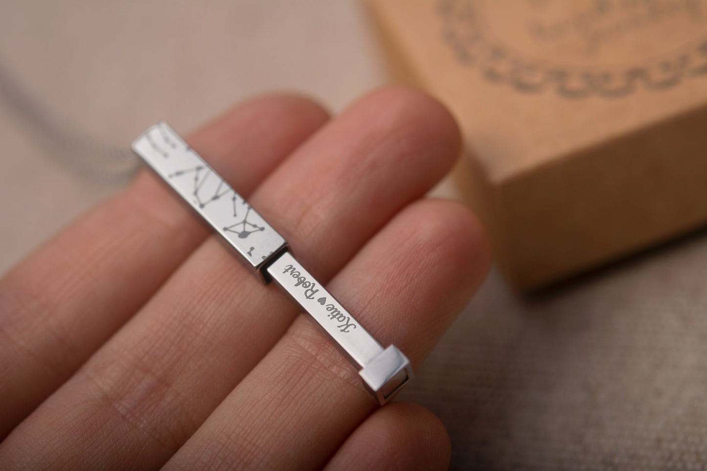 Star Map Necklace With Hidden Message Inside, Custom Engraved Night Sky Vertical Bar Pendant, Stainless Steel Personalized Jewelry Gift KP.4