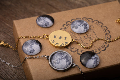 Custom Moon Phase Bracelet with Date and Initial Engraved on Back Side, Personalized Birthday or Anniversary Jewelry Gift for Women, AP.1