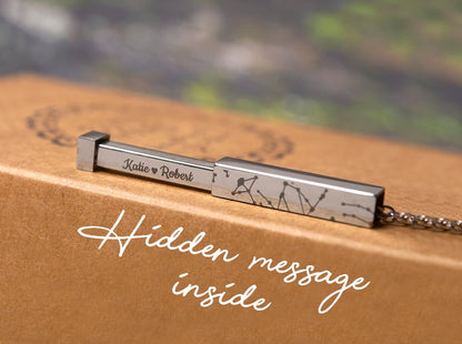Star Map Necklace With Secret Message, Hidden Message Inside The Pendant, Custom Engraved Night Sky Vertical Bar, Personalized Gift, KP.4