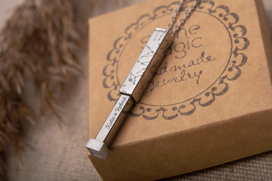 Star Map Necklace with Hidden Message, Double Layered Custom Engraved Silver Vertical Bar Necklace, Personalized Jewelry Gift for Her, KP.4