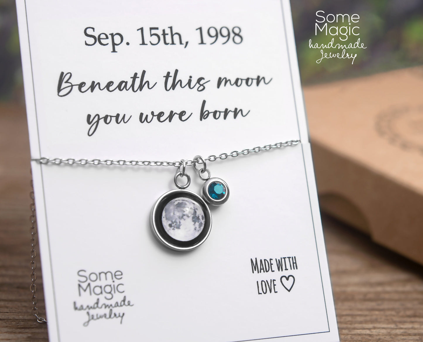 Custom Moon Phase and Birthstone Necklace, Custom Birth Moon Phase by Date, Engraved Jewelry, Personalized Birthday Gift for Women, KP.8