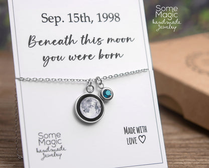 Custom Moon Phase and Birthstone Necklace, Custom Birth Moon Phase by Date, Engraved Jewelry, Personalized Birthday Gift for Women, KP.8