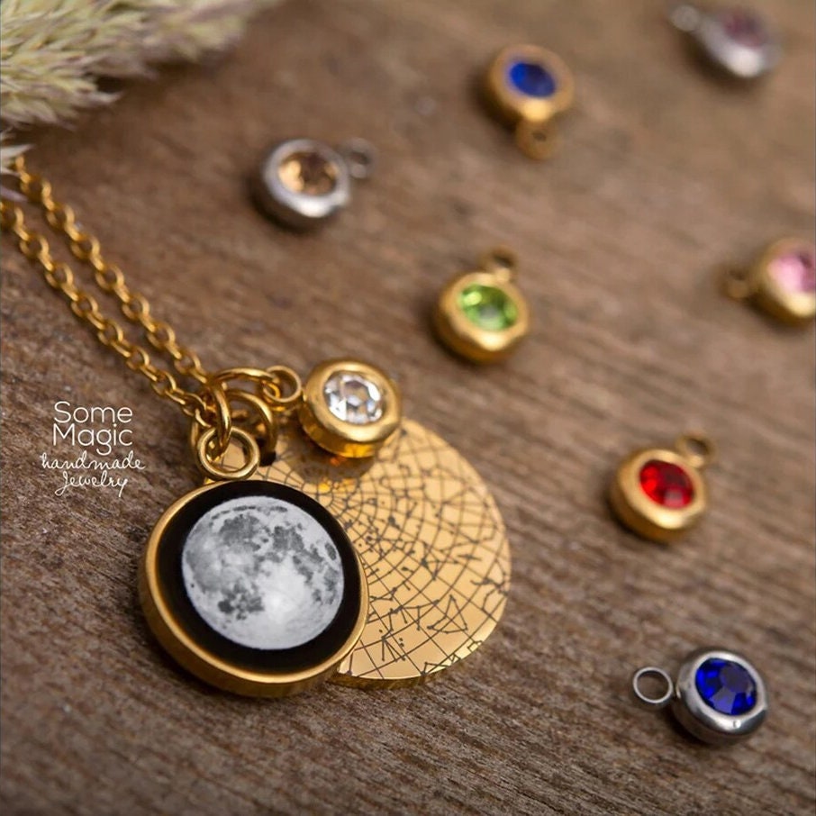 Moon Phase and Star Map Necklace with Birthstone, Custom Birth Moon Phase, Engraved Personalized Birthday Jewelry Gift for Her, KP.7