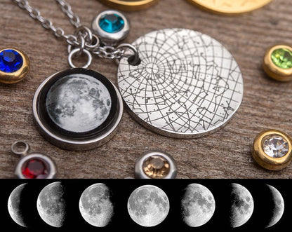 Personalized Star Map and Moon Phase Necklace with a Birthstone, Stars by Date and Place, Custom Birth Moon and Star Chart Jewelry, KP.7
