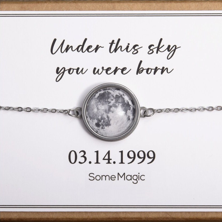 Double Sided Moon Bracelet, Custom Moon Phase Bracelet, Engraved Star Map By Date, Personalized Birthday Gift For Women, Anniversary, AP.1