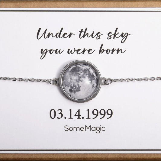 Double Sided Moon Bracelet, Custom Moon Phase Bracelet, Engraved Star Map By Date, Personalized Birthday Gift For Women, Anniversary, AP.1