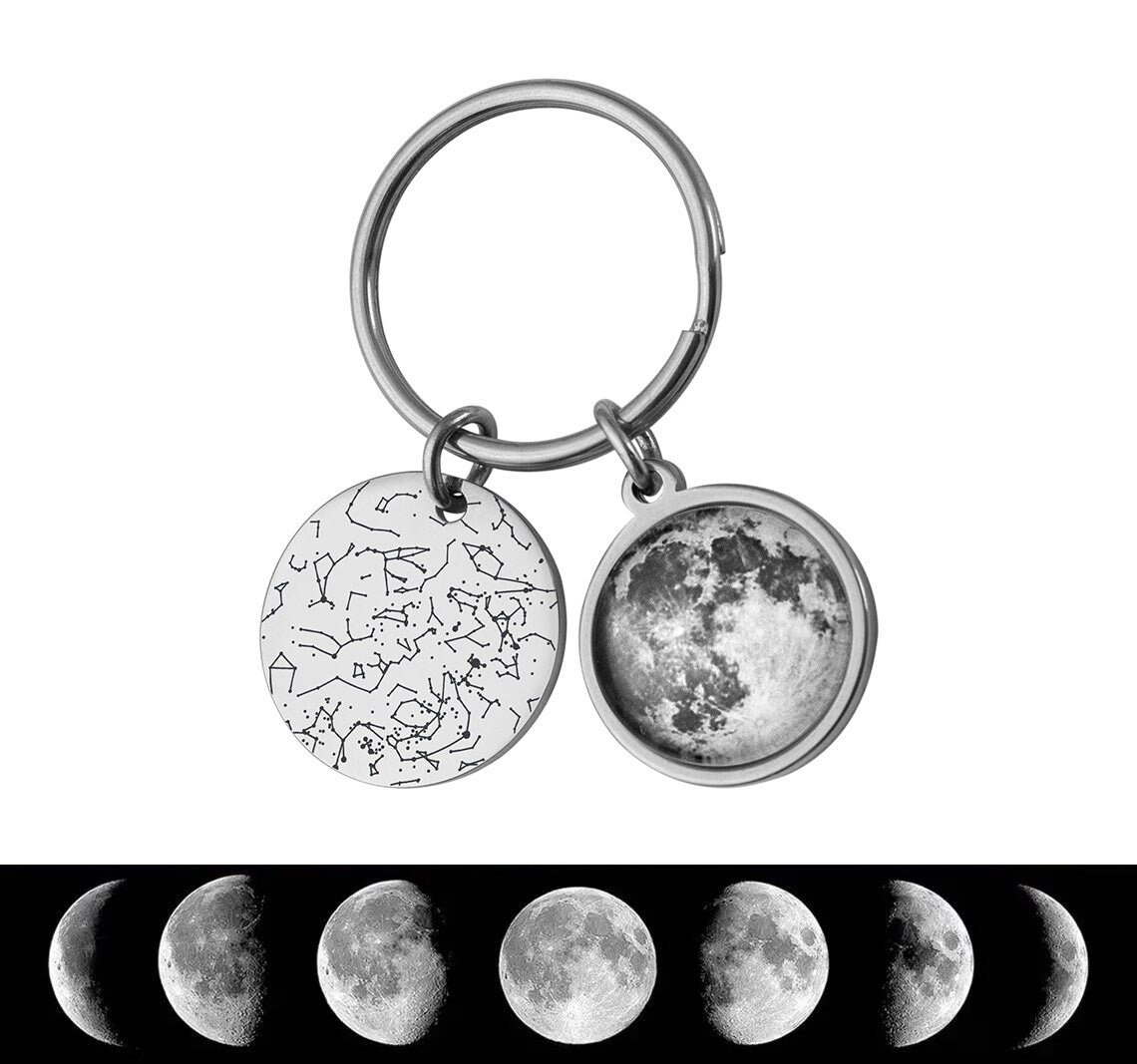 Custom Moon Phase Keychain: Personalized Star Map & Birth Moon Phase Gift, Anniversary Keepsake for Him Her Men Women, RP.1