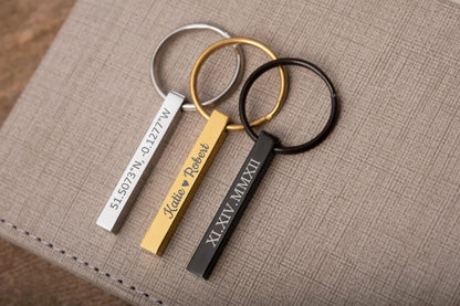 Custom Text 3D Bar Keychain, Personalized Name - Initials - Roman Numeral - Message Keyring, Anniversary or Birthday Gift For Her or Him C.2