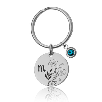 Birth Flower And Birthstone Keyring With Initial , Custom Engraved Keychain, Mothers Day Gift For Mom, Personalized Gift Daughter, Nana, C.2