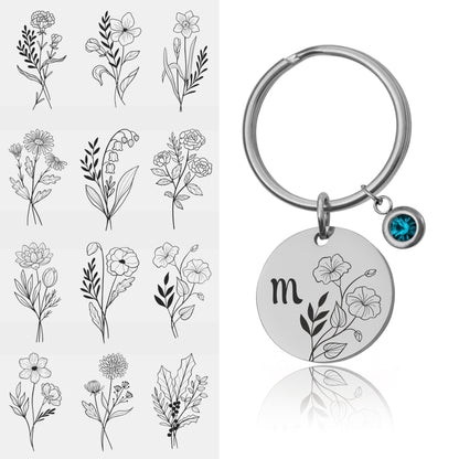 Birthstone And Birth Flower Keychain With Initial , Custom Engraved Keyring, Mothers Day Gift For Mom, Personalized Gift For Daughter, C.2