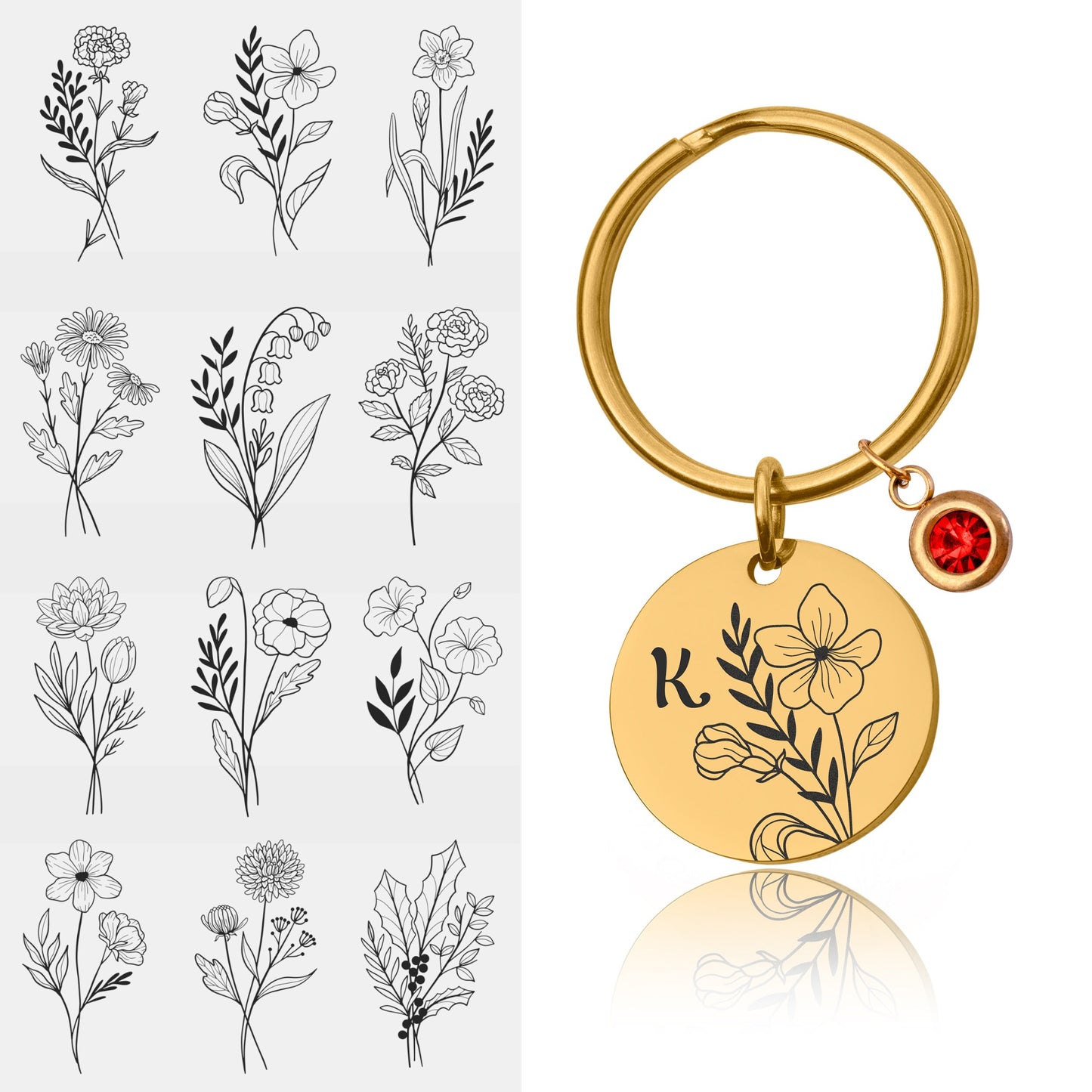 Birth Flower And Birthstone Keyring With Initial , Custom Engraved Keychain, Mothers Day Gift For Mom, Personalized Gift Daughter, Nana, C.2