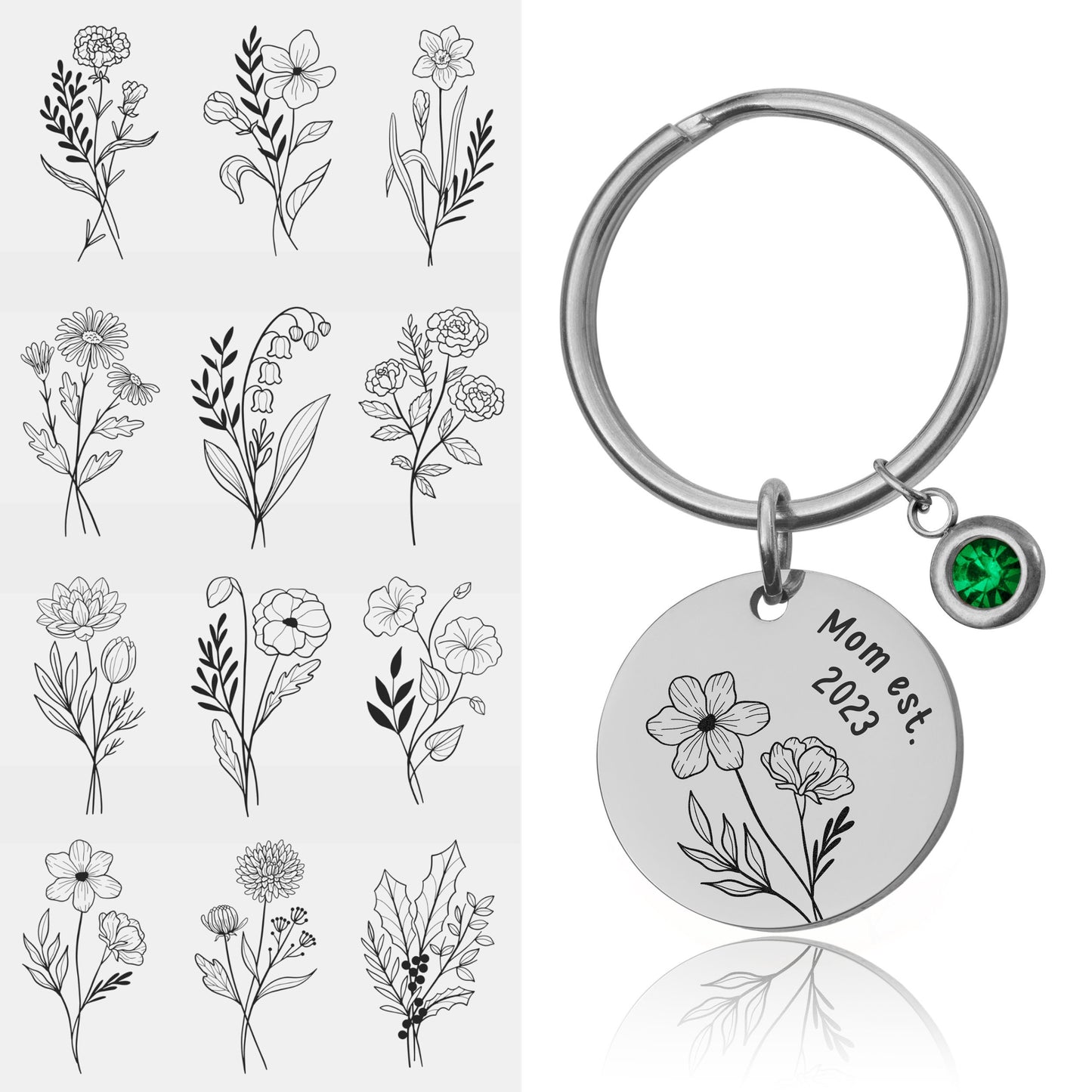 Birth Flower & Birthstone Keychain, Personalized Gift For New Mom, Grandma, Grandmother, Nana, Daughter, Sister, Custom Text Keychain, C.2