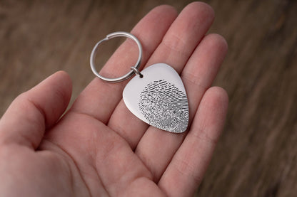 Actual Fingerprint Keychain, Guitar Pick Keychain, Engraved Custom Keyring, Memorial Gift, Loss of Father, Personalized Sympathy Gift, C.2