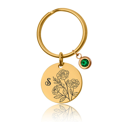 Birth Flower And Birthstone Keyring With Initial , Custom Engraved Keychain, Mothers Day Gift For Mom, Personalized Gift Daughter, Nana, C.2
