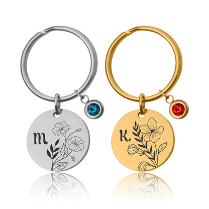 Birthstone And Birth Flower Keychain With Initial , Custom Engraved Keyring, Mothers Day Gift For Mom, Personalized Gift For Daughter, C.2