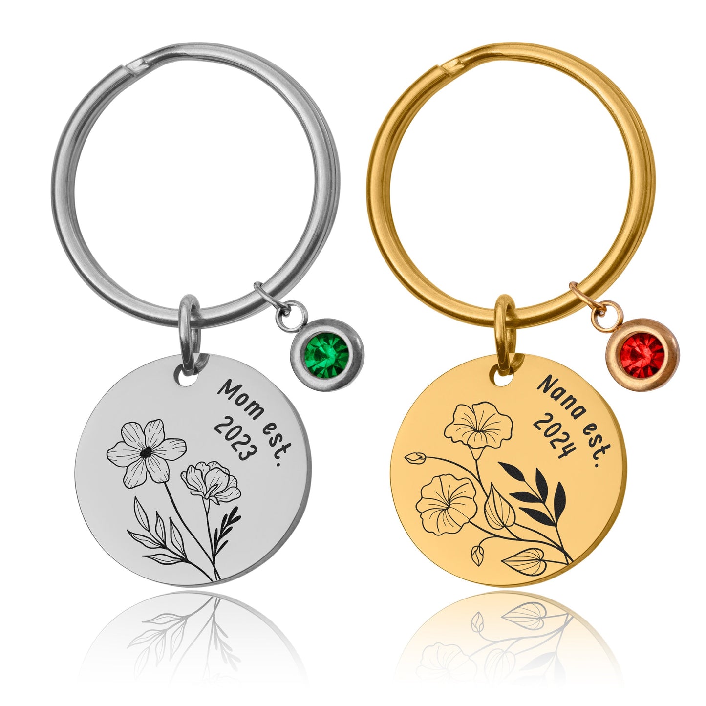 Birth Flower & Birthstone Keychain, Personalized Gift For New Mom, Grandma, Grandmother, Nana, Daughter, Sister, Custom Text Keychain, C.2