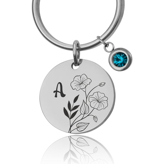 Birth Flower And Birthstone Keyring With Initial , Custom Engraved Keychain, Mothers Day Gift For Mom, Personalized Gift Daughter, Nana, C.2