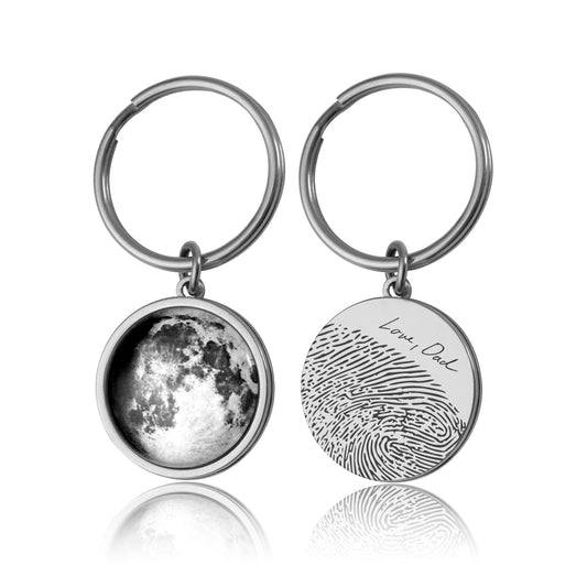 Custom Moon Phase Keyring With Engraved Fingerprint And Handwriting, Moon By Date Keychain, Grief Gift, Personalized Memorial Keepsake, RP.1