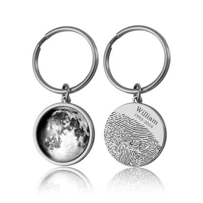 Custom Moon Phase Keyring With Engraved Fingerprint And Handwriting, Moon By Date Keychain, Grief Gift, Personalized Memorial Keepsake, RP.1