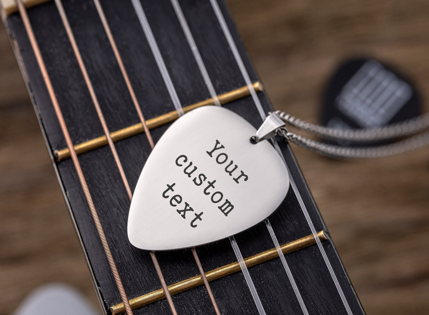 Any Logo, Band Name or Custom Song Lyrics on Guitar Pick Necklace - Personalized Gift for Boyfriend, Girlfriend or Music Lover, KP.2/C.2