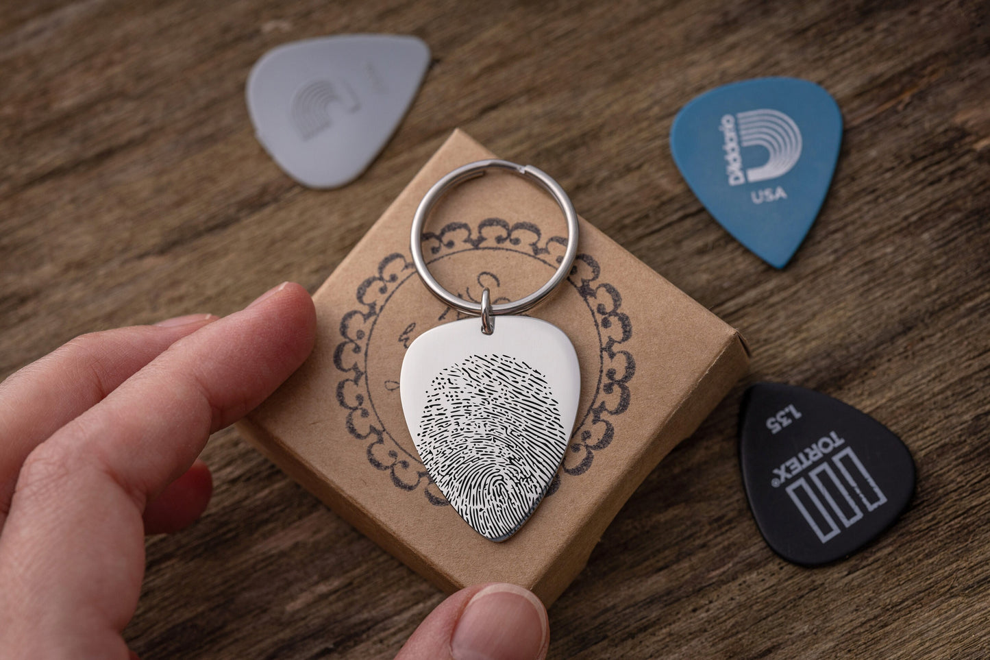 Actual Fingerprint Keychain, Guitar Pick Keychain, Engraved Custom Keyring, Memorial Gift, Loss of Father, Personalized Sympathy Gift, C.2