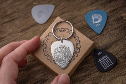 Actual Fingerprint Keychain, Guitar Pick Keychain, Engraved Custom Keyring, Memorial Gift, Loss of Father, Personalized Sympathy Gift, C.2