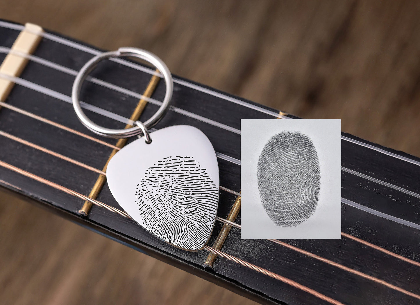 Fingerprint Guitar Pick Keychain Custom Keyring Personalized Memorial Keepsake Sympathy Grief Gift Real Thumbprint Engraved from Photo C.2
