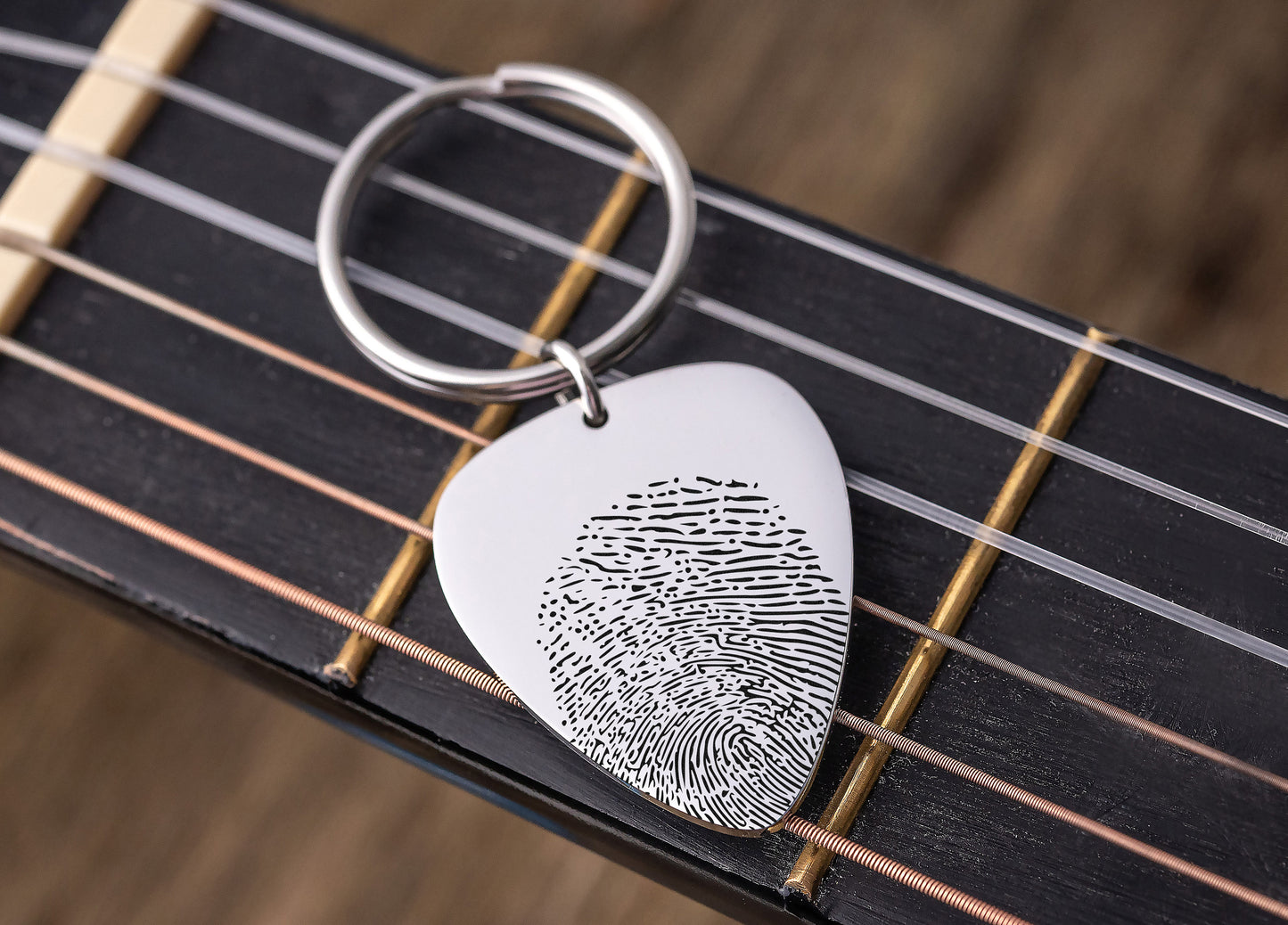 Actual Fingerprint Keychain, Guitar Pick Keychain, Engraved Custom Keyring, Memorial Gift, Loss of Father, Personalized Sympathy Gift, C.2