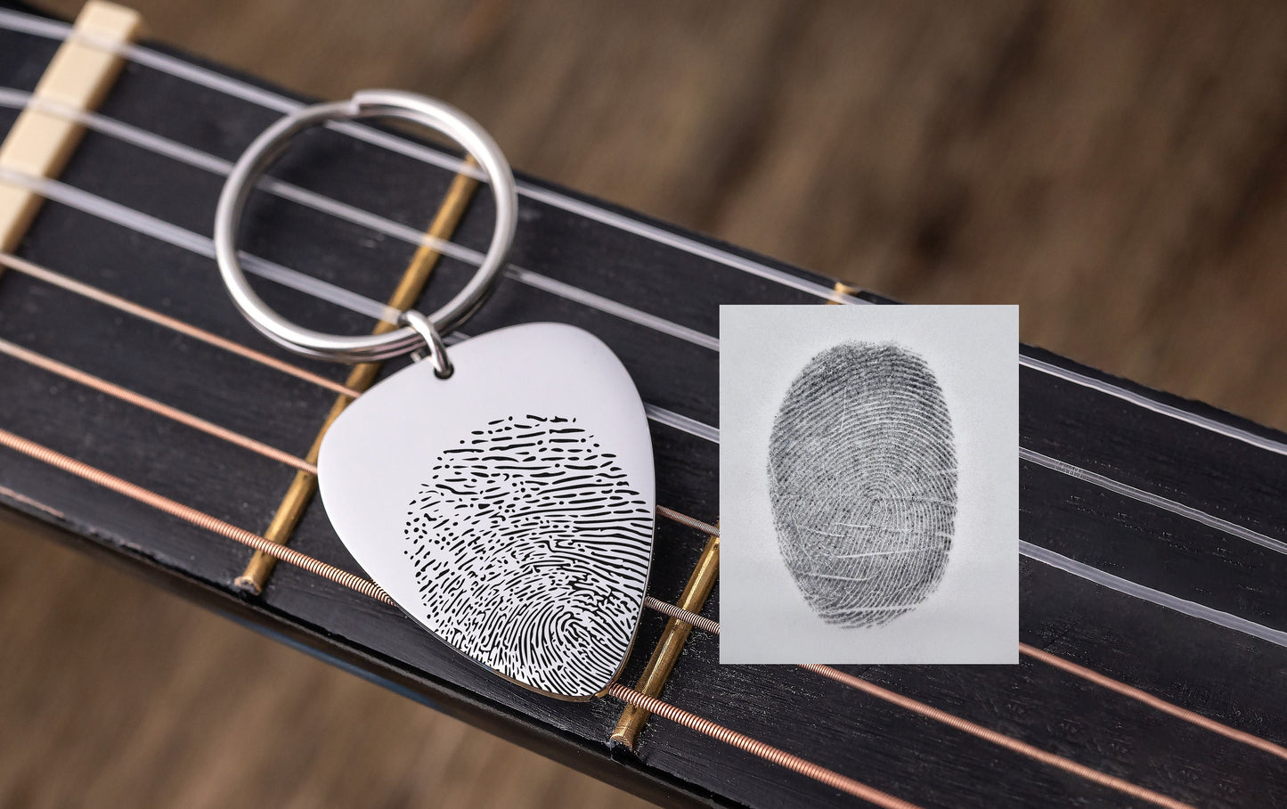 Fingerprint Guitar Pick Keychain Or Necklace, Memorial Thumbprint Keyring, Personalized Black Keepsake Grief Jewelry, Loss Of Father, C.2